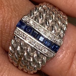Custom Estate 14K White Gold .88 CTW DIAMOND and SAPPHIRE Cable Ring Size 9.5!